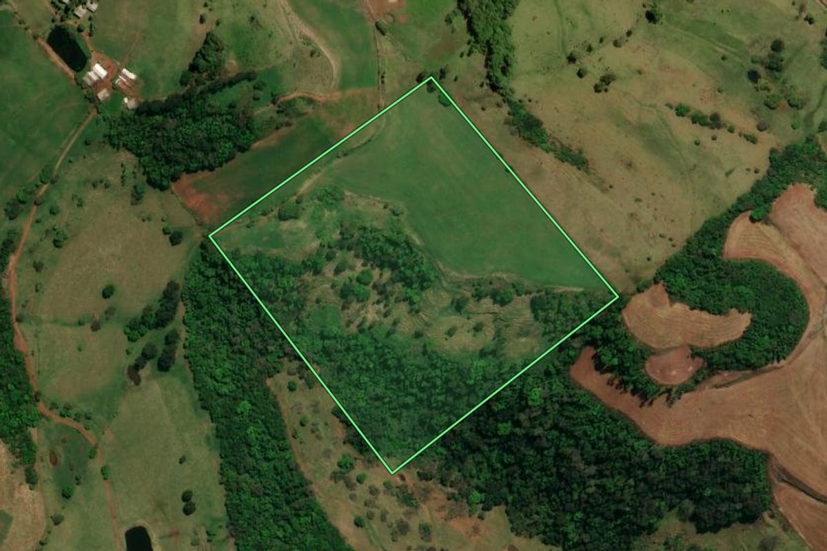 Imagem de satélite do imóvel rural em Romelândia (SC), com o contorno declarado no CAR desenhado por cima.
