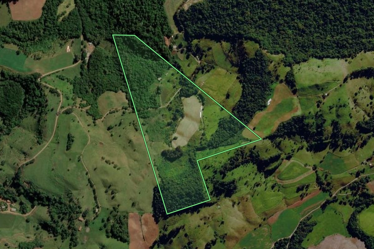 Imagem de satélite do imóvel rural em Romelândia (SC), com o contorno declarado no CAR desenhado por cima.