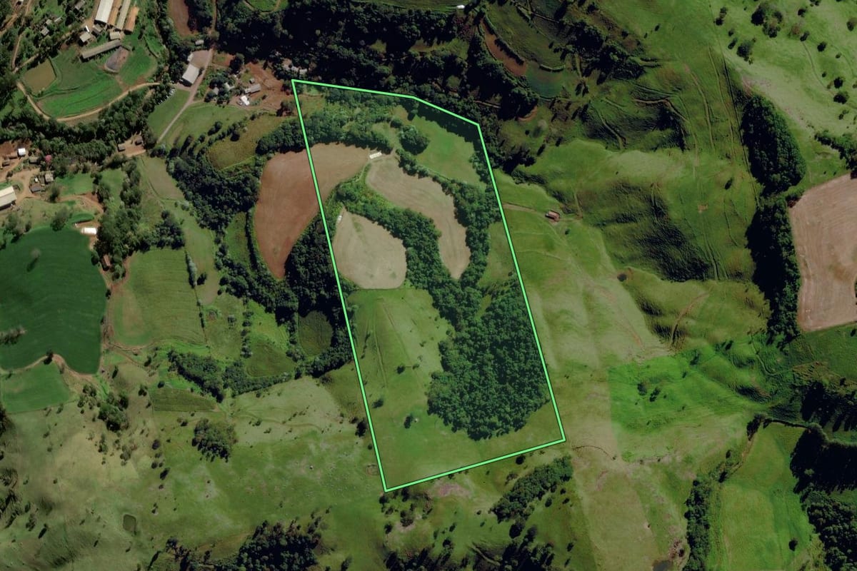 Imagem de satélite do imóvel rural em Romelândia (SC), com o contorno declarado no CAR desenhado por cima.