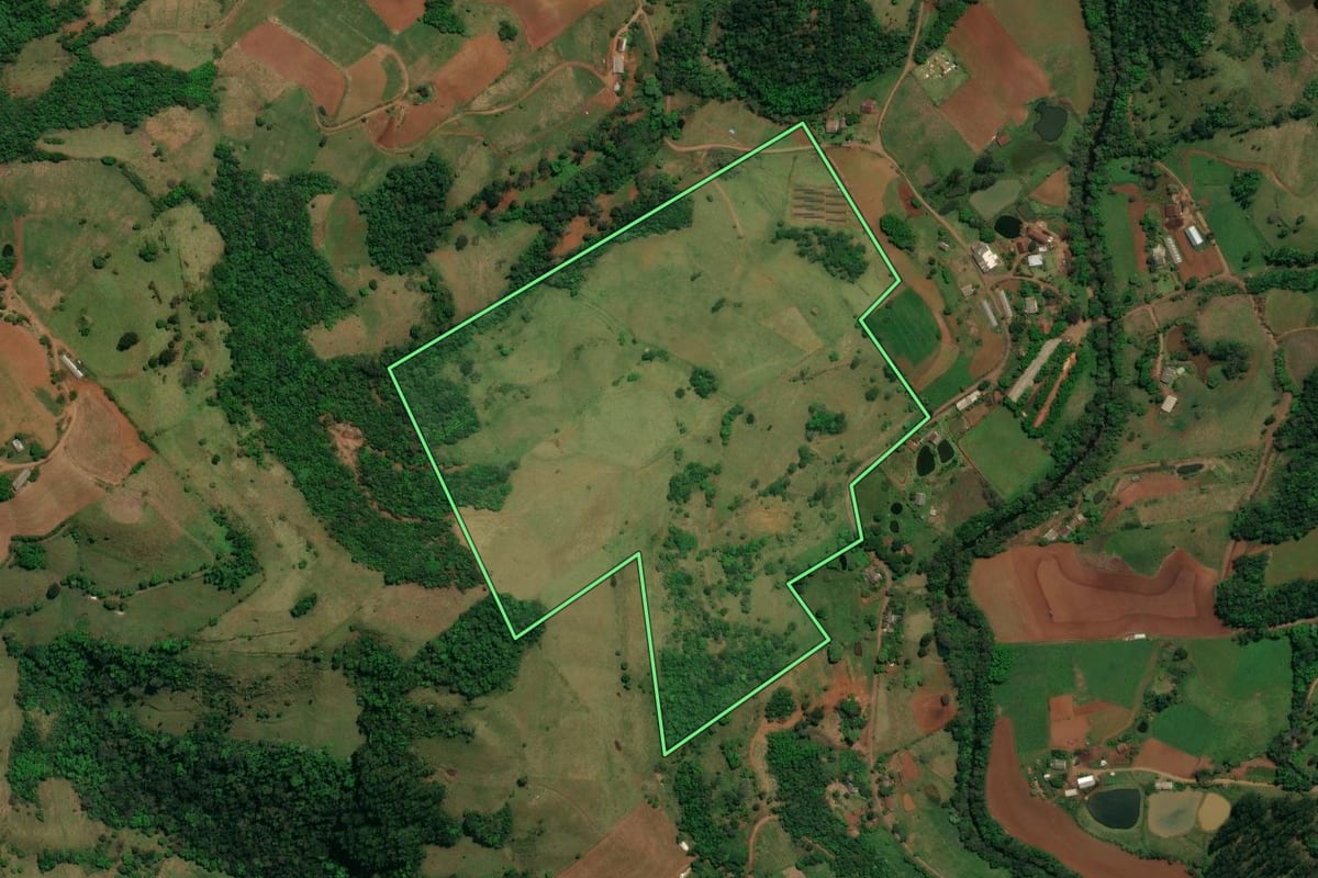 Imagem de satélite do imóvel rural em Romelândia (SC), com o contorno declarado no CAR desenhado por cima.