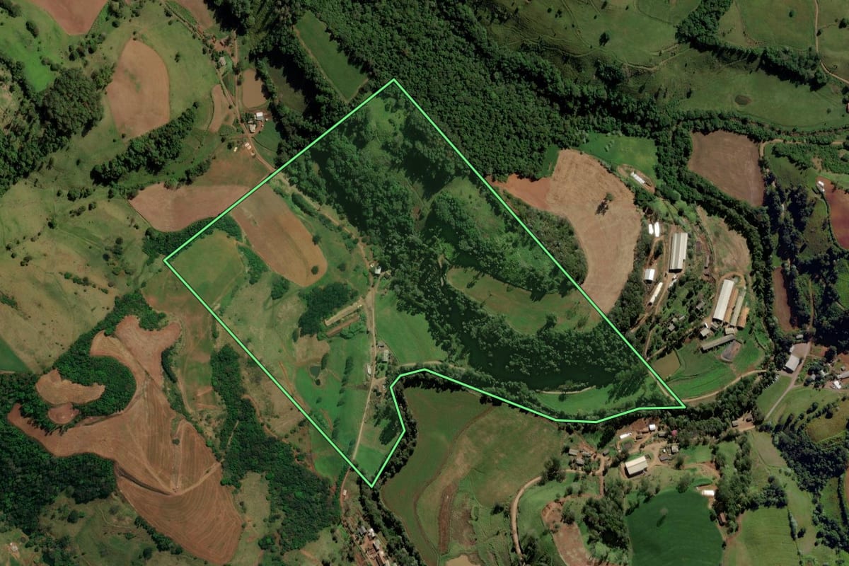 Imagem de satélite do imóvel rural em Romelândia (SC), com o contorno declarado no CAR desenhado por cima.