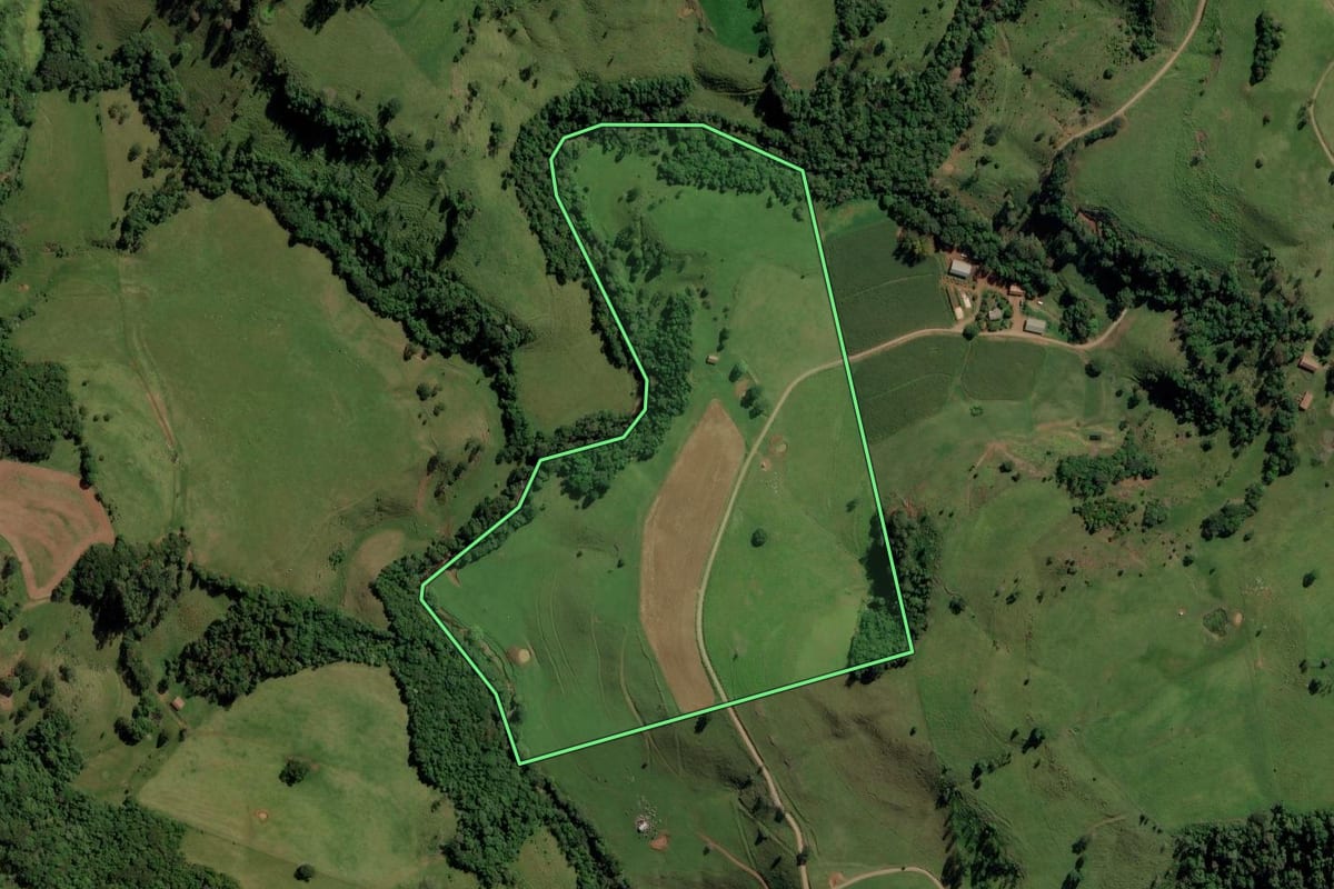 Imagem de satélite do imóvel rural em Romelândia (SC), com o contorno declarado no CAR desenhado por cima.