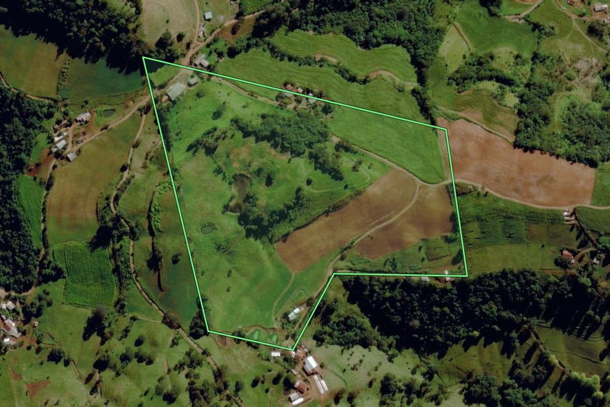 Imagem de satélite do imóvel rural em Romelândia (SC), com o contorno declarado no CAR desenhado por cima.