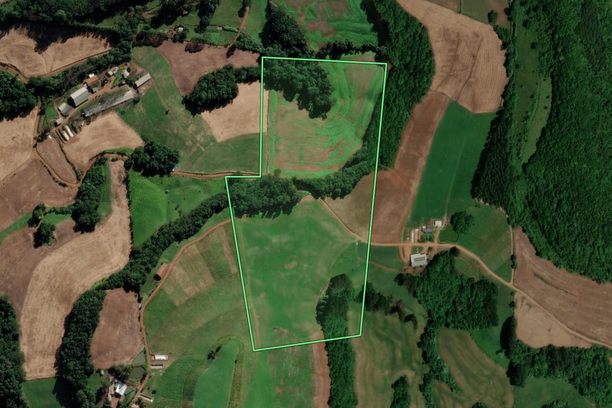 Imagem de satélite do imóvel rural em Saltinho (SC), com o contorno declarado no CAR desenhado por cima.
