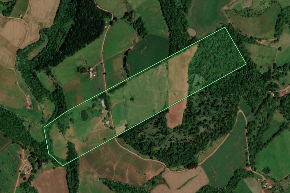 Imagem de satélite do imóvel rural em Saltinho (SC), com o contorno declarado no CAR desenhado por cima.