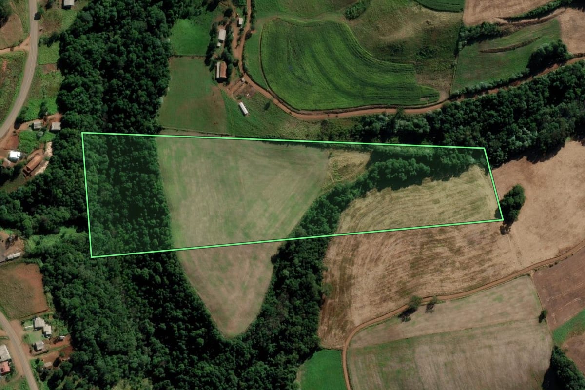 Imagem de satélite do imóvel rural em Saltinho (SC), com o contorno declarado no CAR desenhado por cima.