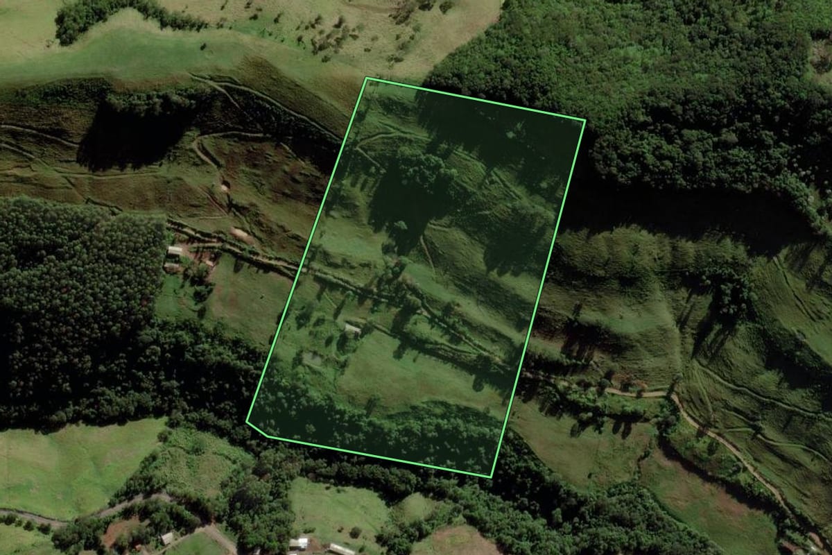 Imagem de satélite do imóvel rural em Saltinho (SC), com o contorno declarado no CAR desenhado por cima.