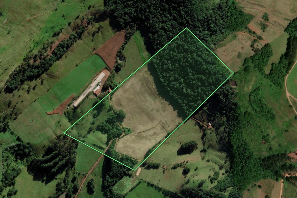 Imagem de satélite do imóvel rural em Saltinho (SC), com o contorno declarado no CAR desenhado por cima.