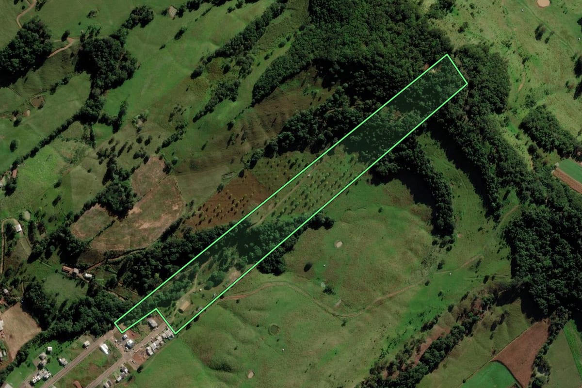 Imagem de satélite do imóvel rural em Saltinho (SC), com o contorno declarado no CAR desenhado por cima.