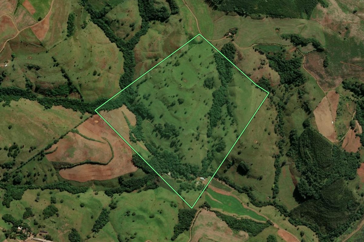 Imagem de satélite do imóvel rural em Saltinho (SC), com o contorno declarado no CAR desenhado por cima.