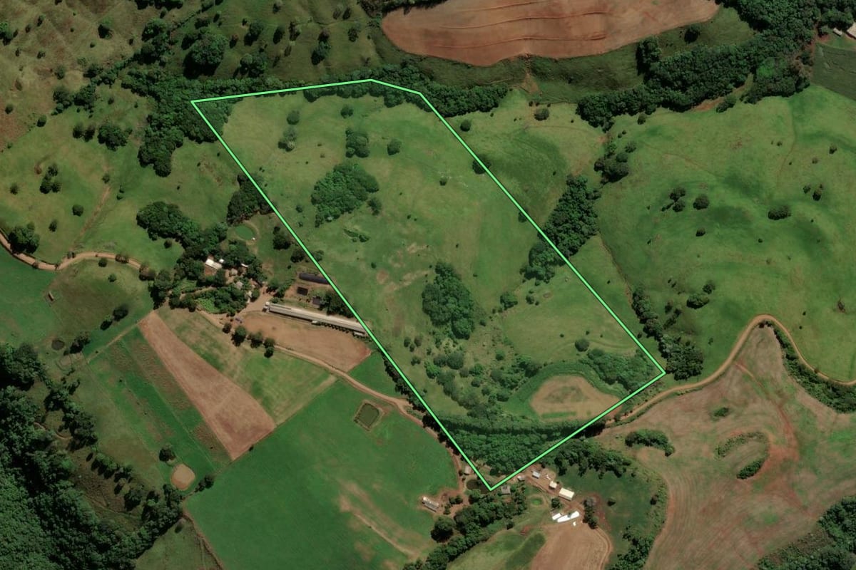Imagem de satélite do imóvel rural em Saltinho (SC), com o contorno declarado no CAR desenhado por cima.