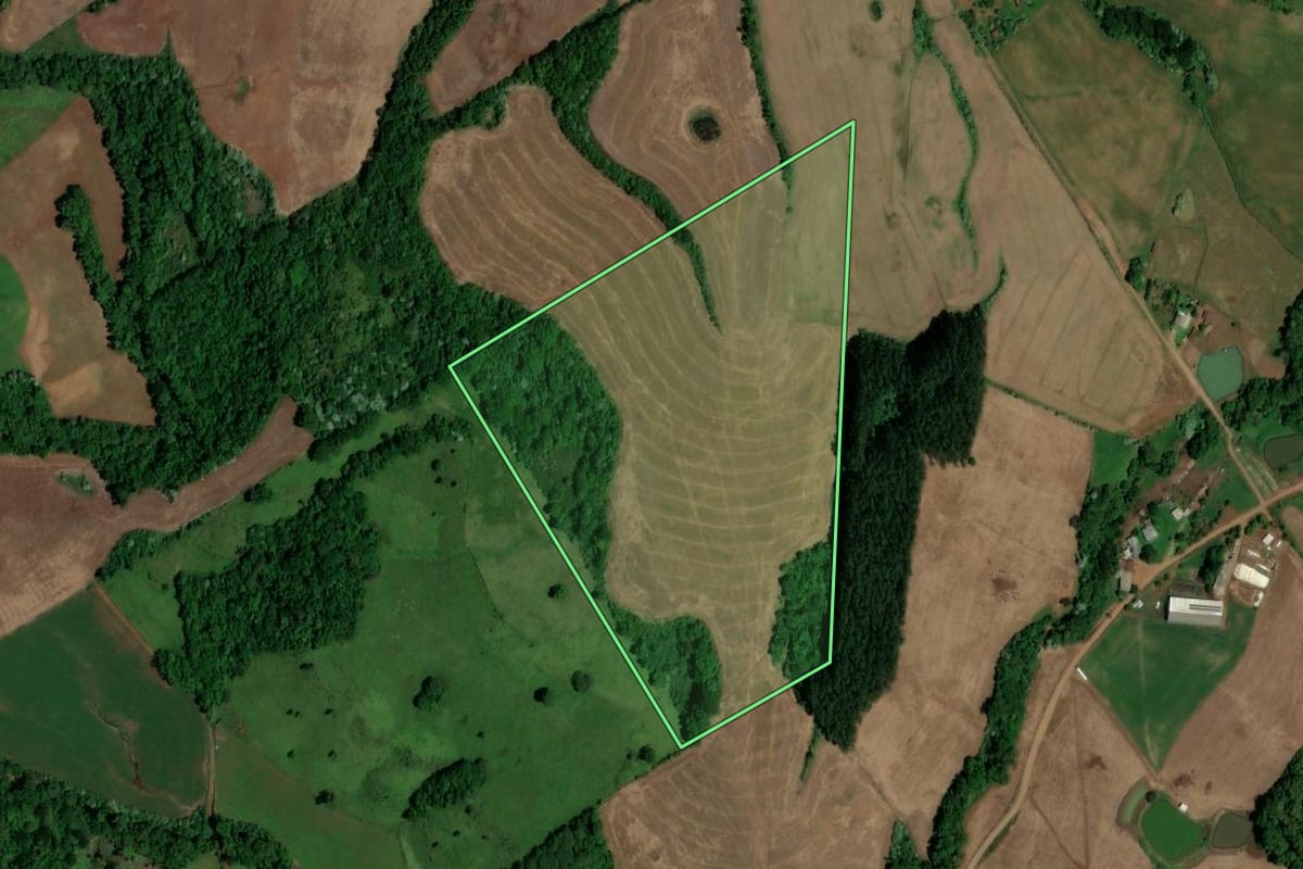 Imagem de satélite do imóvel rural em Saltinho (SC), com o contorno declarado no CAR desenhado por cima.