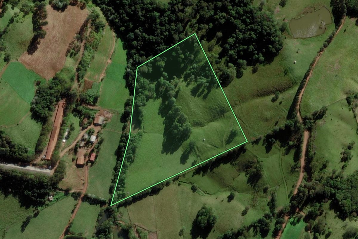 Imagem de satélite do imóvel rural em Saltinho (SC), com o contorno declarado no CAR desenhado por cima.