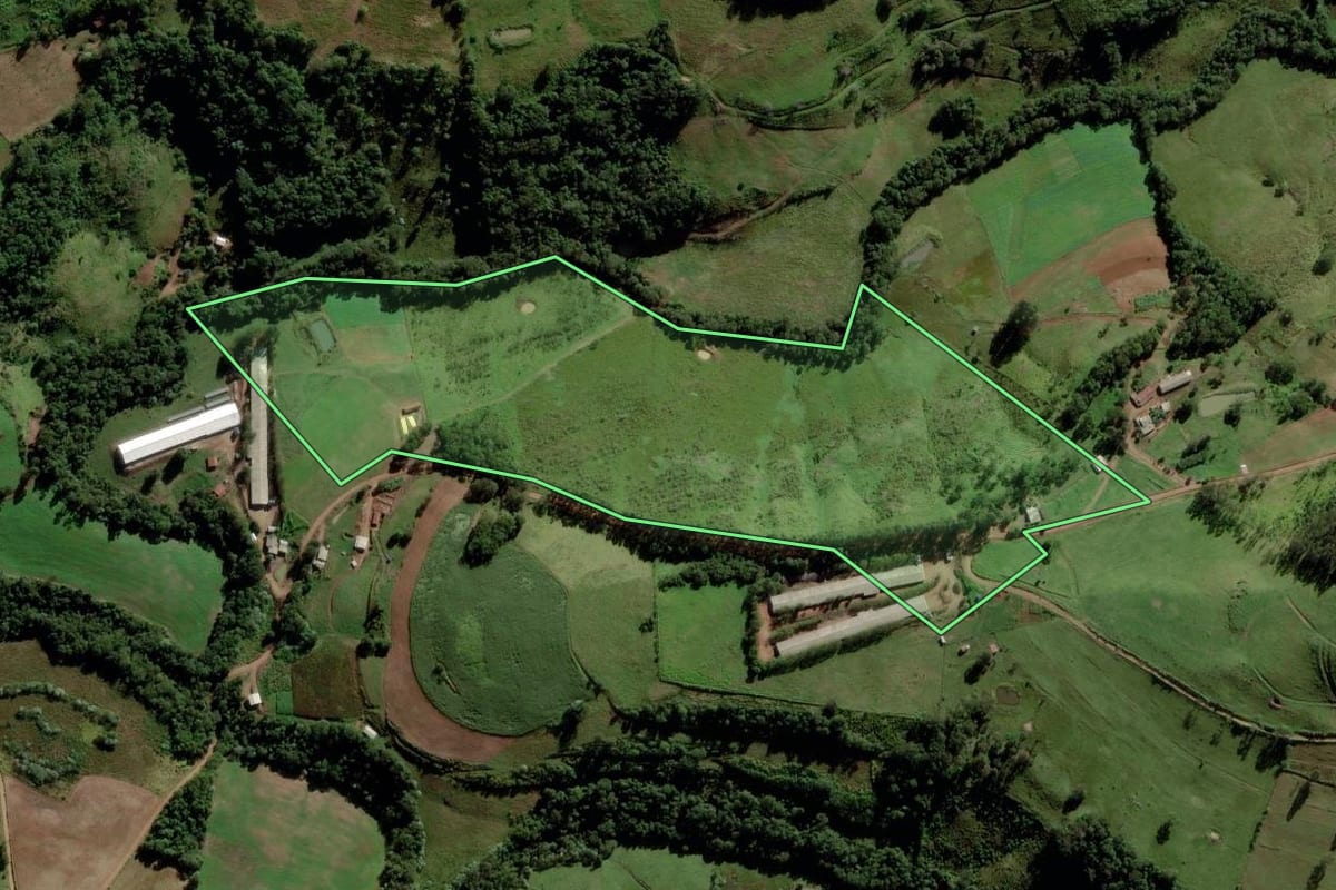 Imagem de satélite do imóvel rural em Saltinho (SC), com o contorno declarado no CAR desenhado por cima.