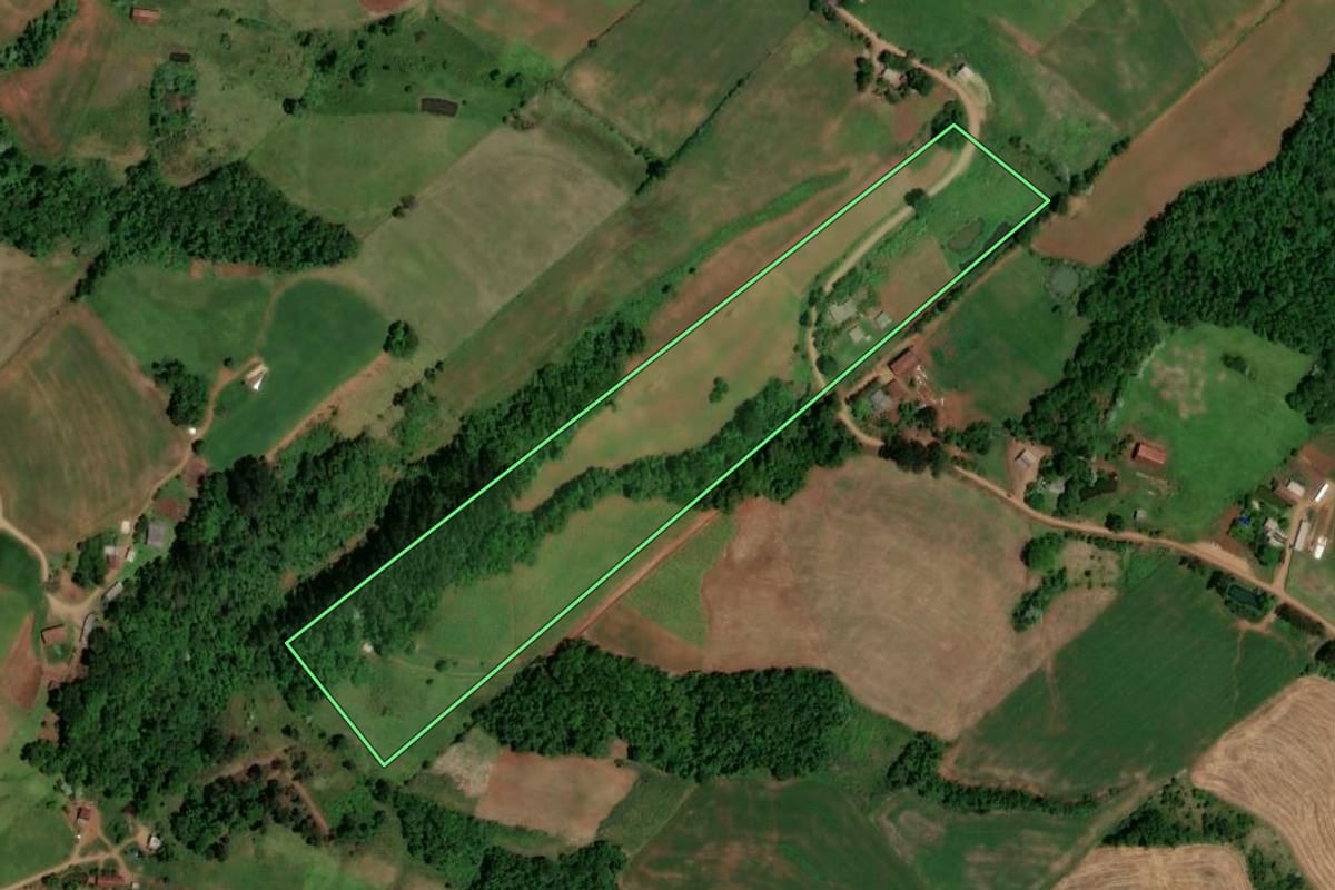 Imagem de satélite do imóvel rural em Saltinho (SC), com o contorno declarado no CAR desenhado por cima.