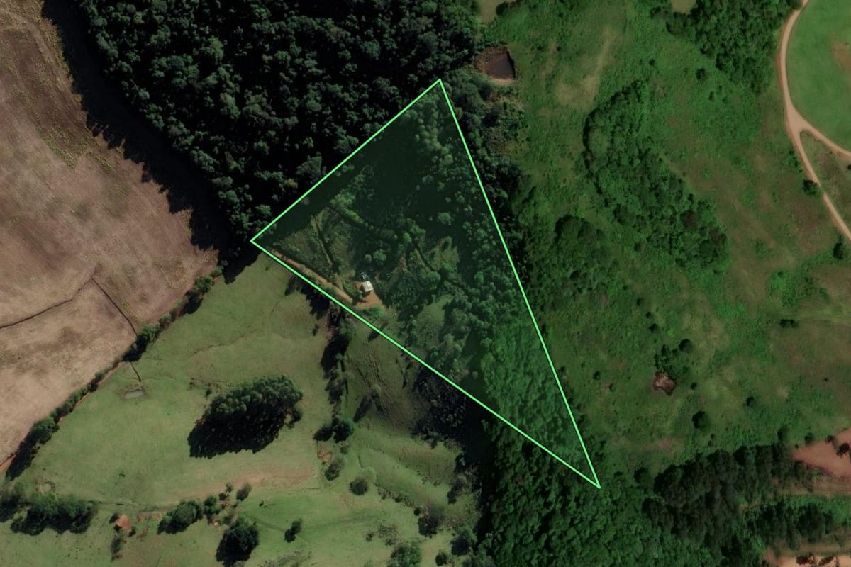 Imagem de satélite do imóvel rural em Saltinho (SC), com o contorno declarado no CAR desenhado por cima.