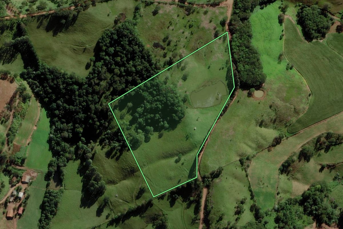 Imagem de satélite do imóvel rural em Saltinho (SC), com o contorno declarado no CAR desenhado por cima.