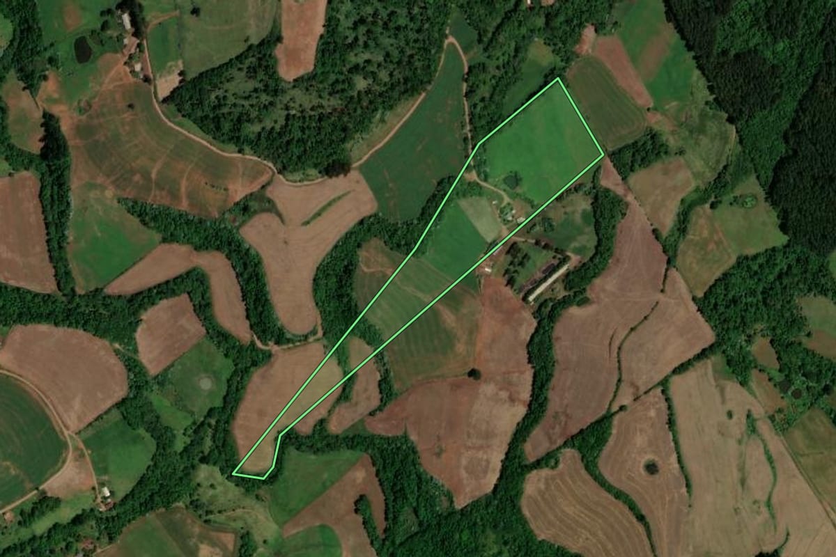 Imagem de satélite do imóvel rural em Saltinho (SC), com o contorno declarado no CAR desenhado por cima.