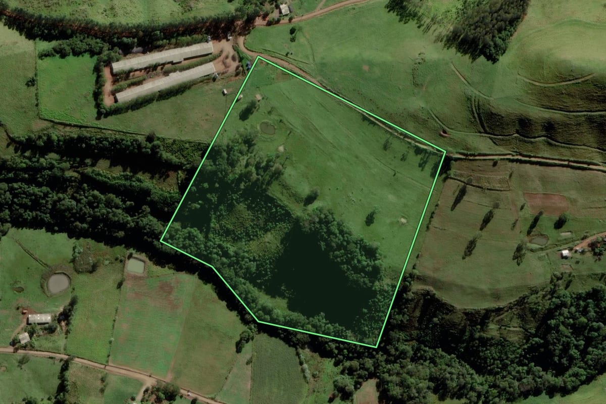 Imagem de satélite do imóvel rural em Saltinho (SC), com o contorno declarado no CAR desenhado por cima.