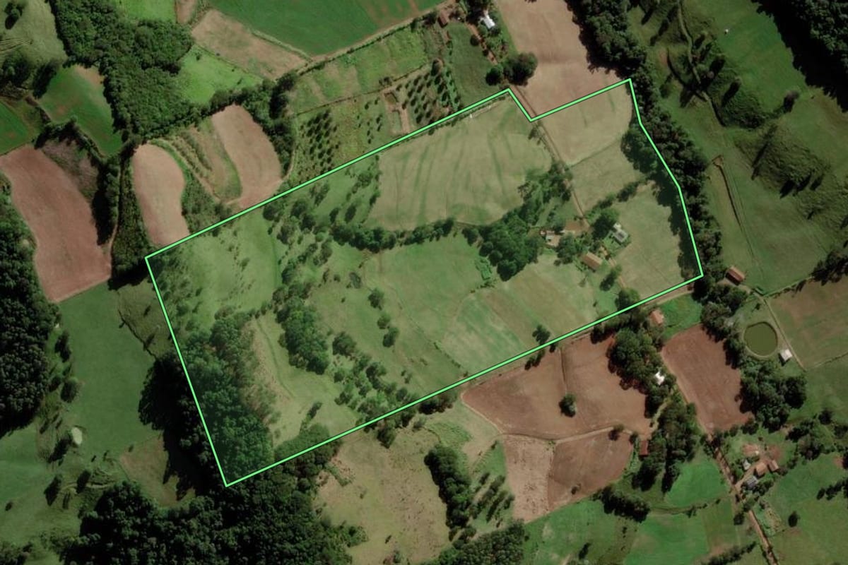 Imagem de satélite do imóvel rural em Saltinho (SC), com o contorno declarado no CAR desenhado por cima.