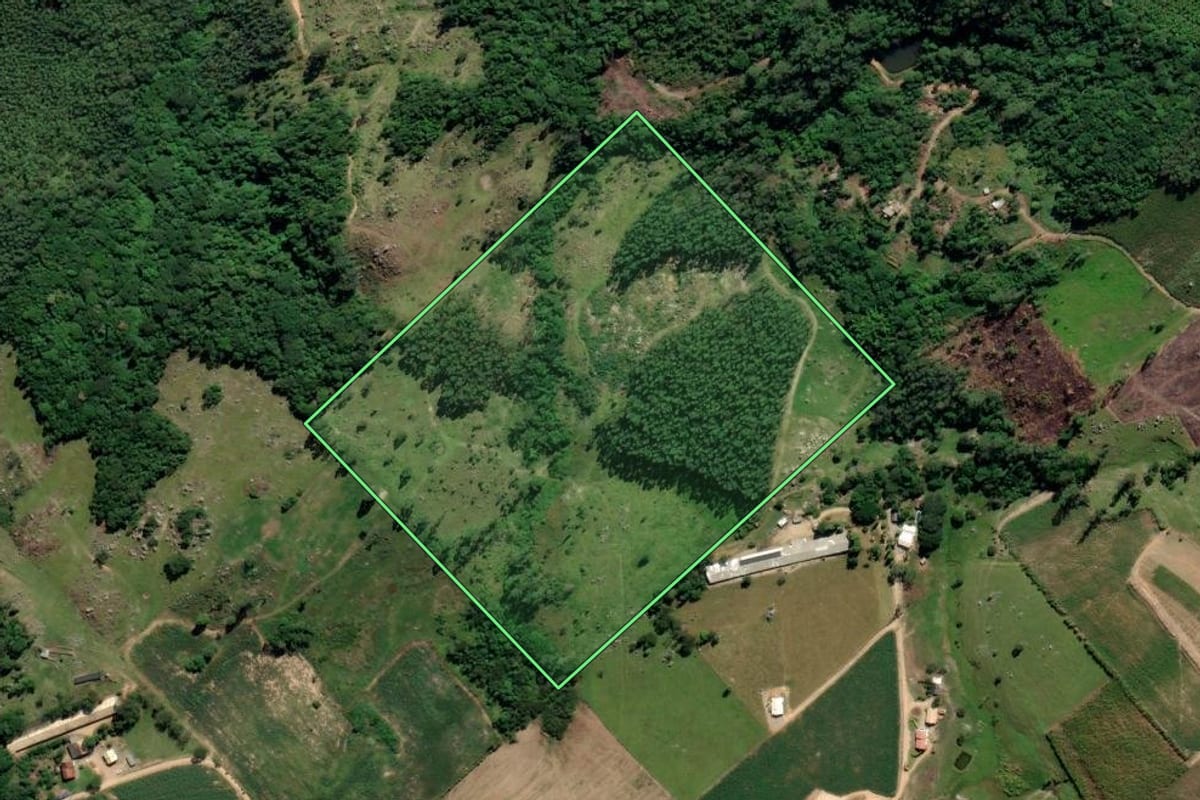 Imagem de satélite do imóvel rural em Sangão (SC), com o contorno declarado no CAR desenhado por cima.