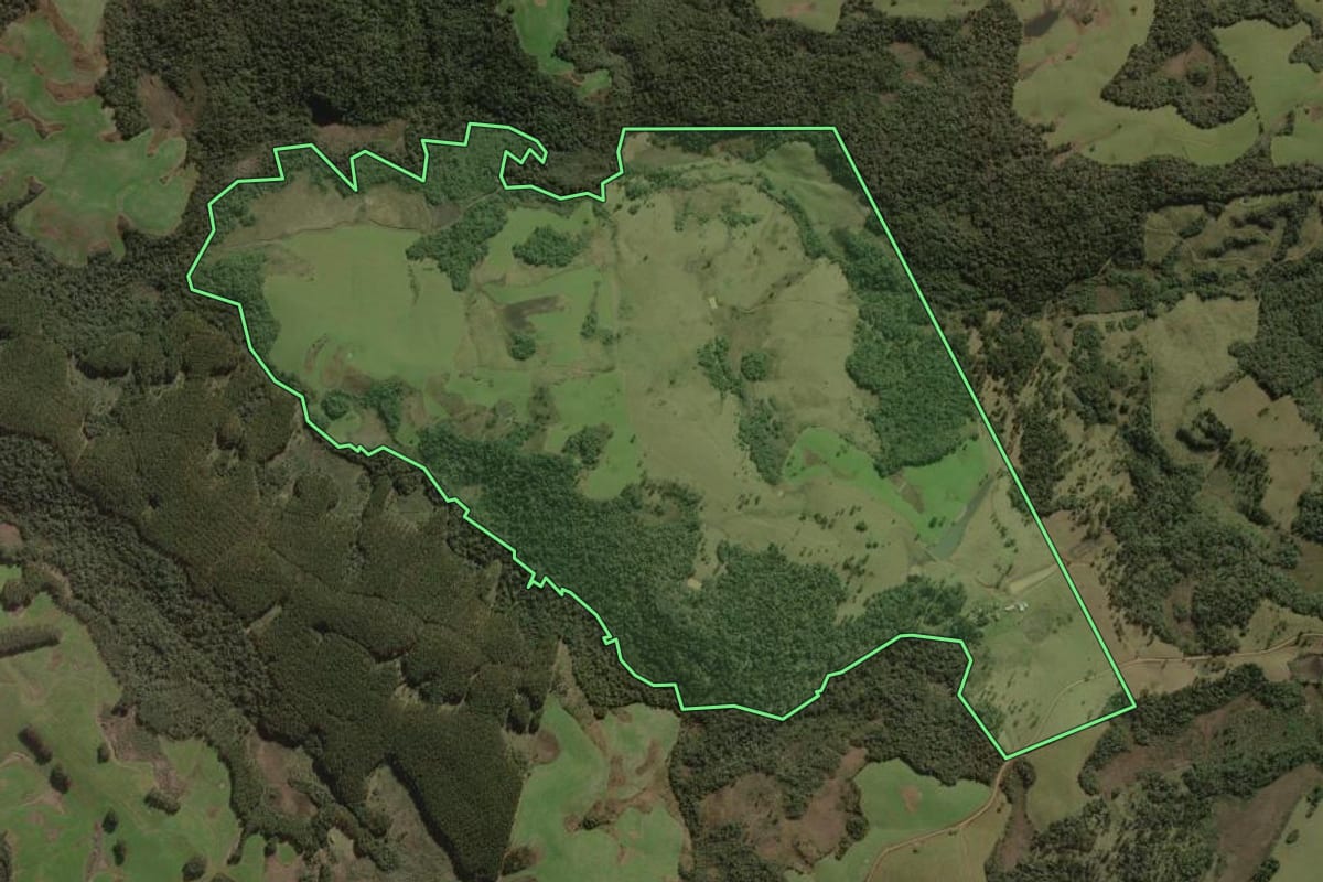 Imagem de satélite do imóvel rural em Santa Cecília (SC), com o contorno declarado no CAR desenhado por cima.