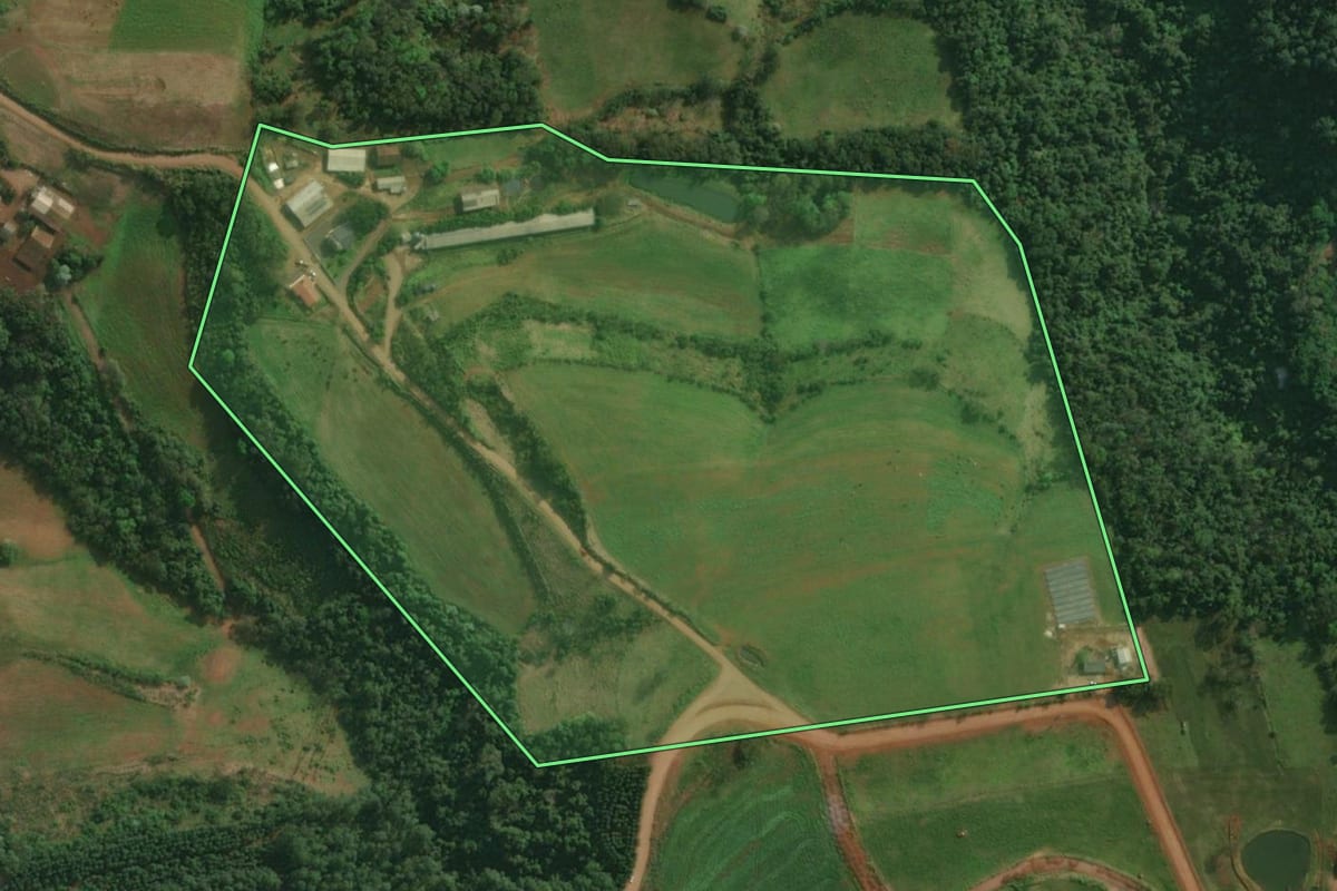 Imagem de satélite do imóvel rural em Santa Helena (SC), com o contorno declarado no CAR desenhado por cima.