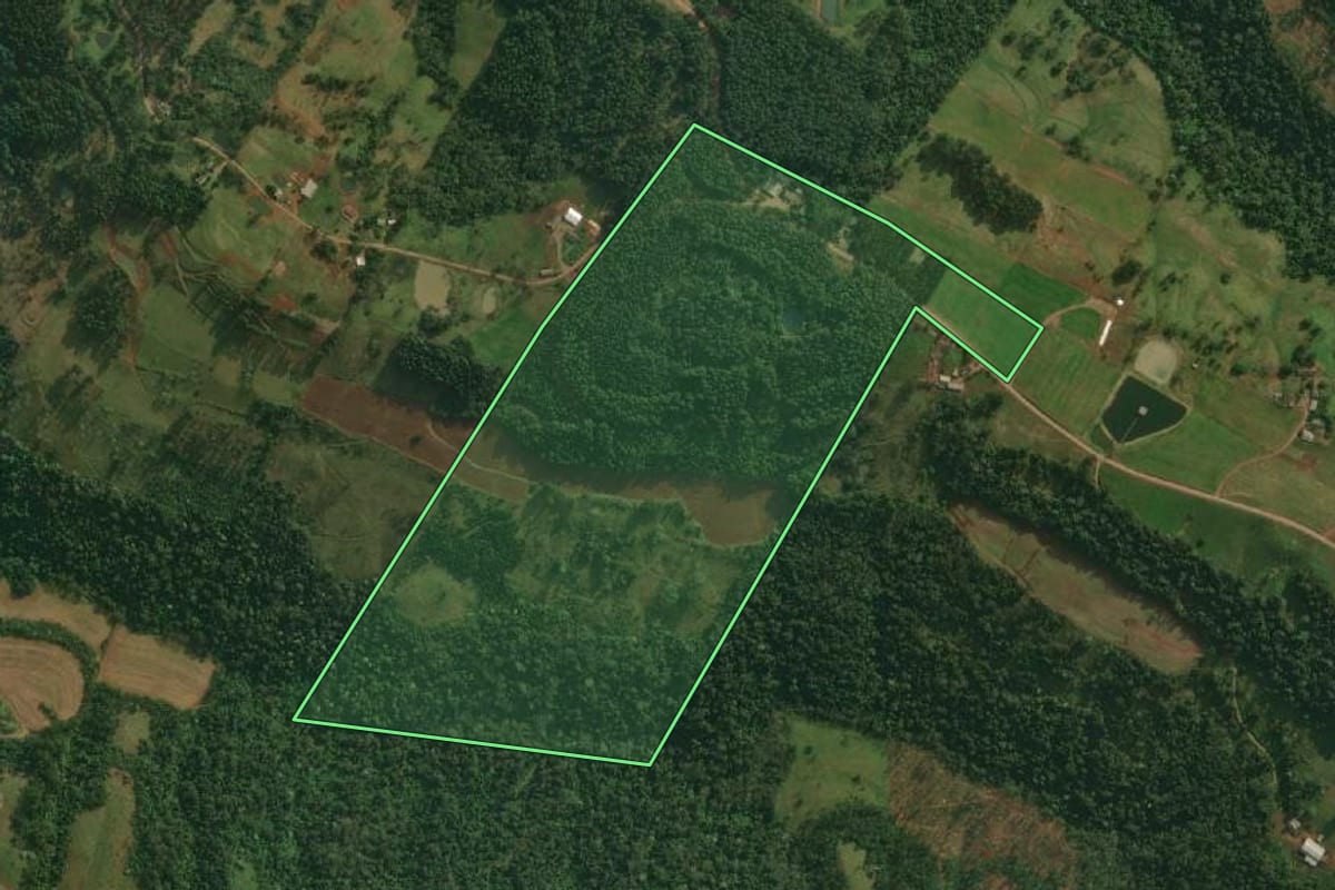 Imagem de satélite do imóvel rural em Santa Helena (SC), com o contorno declarado no CAR desenhado por cima.