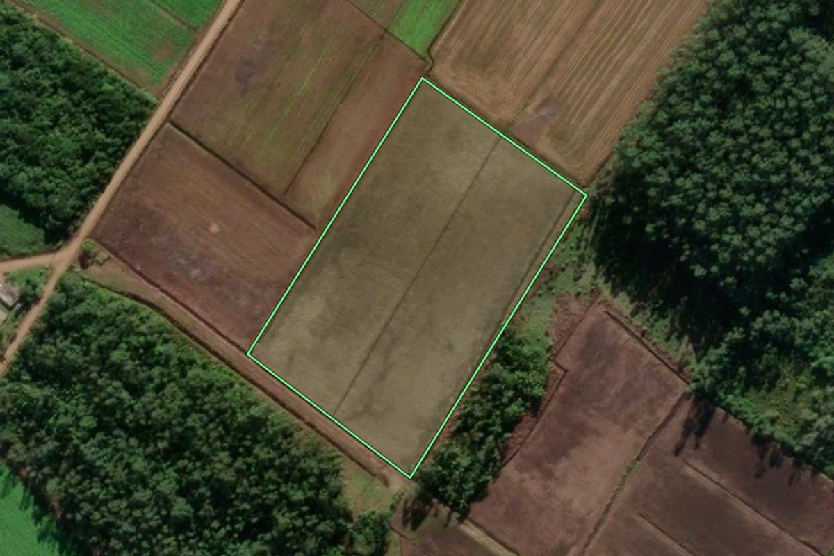 Imagem de satélite do imóvel rural em Santa Rosa do Sul (SC), com o contorno declarado no CAR desenhado por cima.