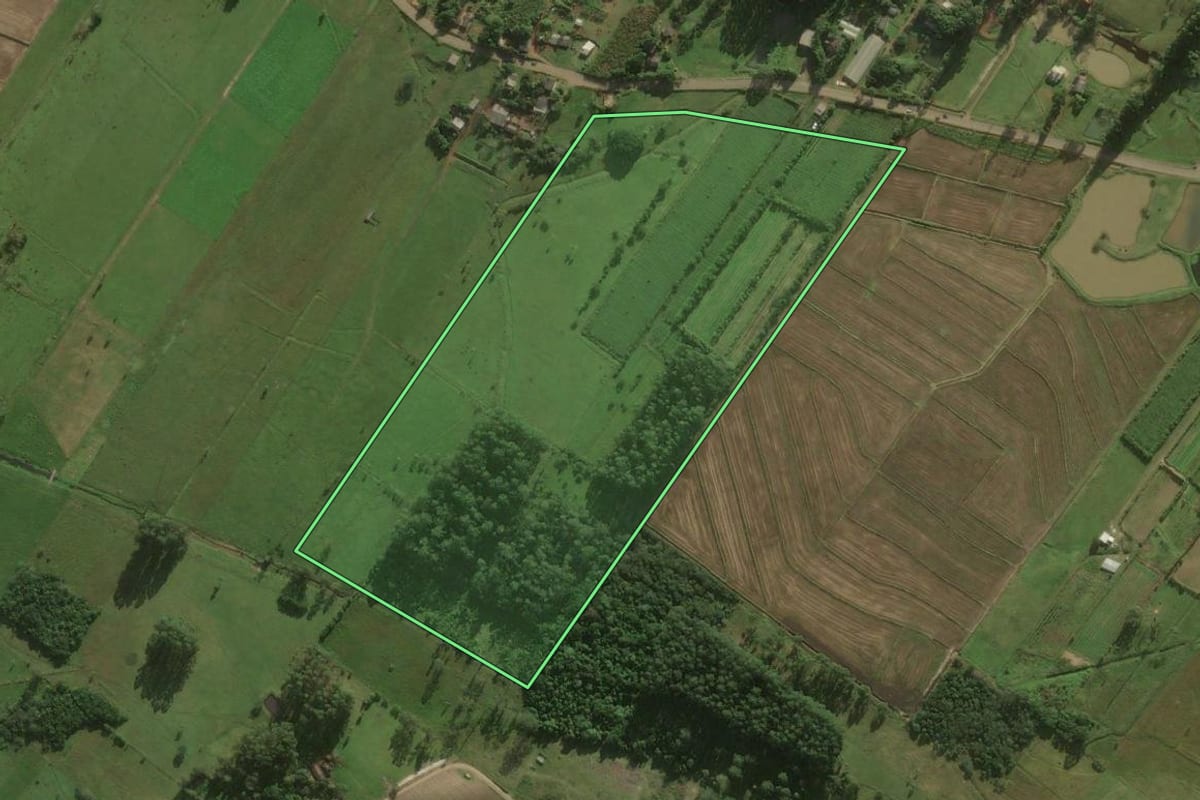 Imagem de satélite do imóvel rural em Santa Rosa do Sul (SC), com o contorno declarado no CAR desenhado por cima.