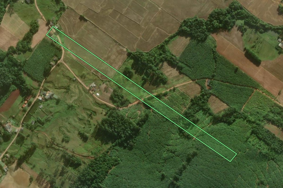 Imagem de satélite do imóvel rural em Santa Rosa do Sul (SC), com o contorno declarado no CAR desenhado por cima.