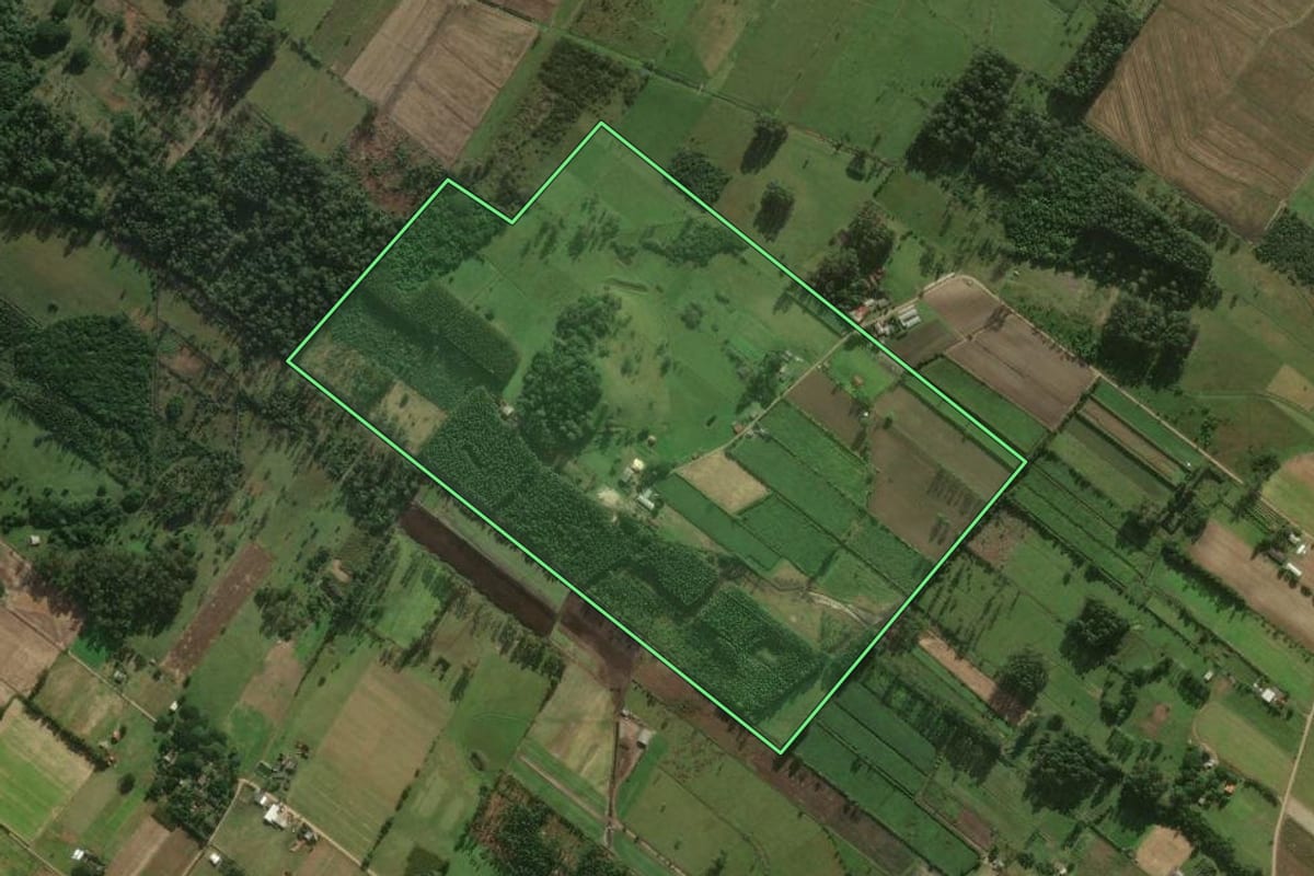 Imagem de satélite do imóvel rural em Santa Rosa do Sul (SC), com o contorno declarado no CAR desenhado por cima.