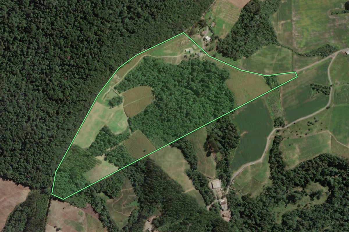 Imagem de satélite do imóvel rural em Santa Terezinha (SC), com o contorno declarado no CAR desenhado por cima.
