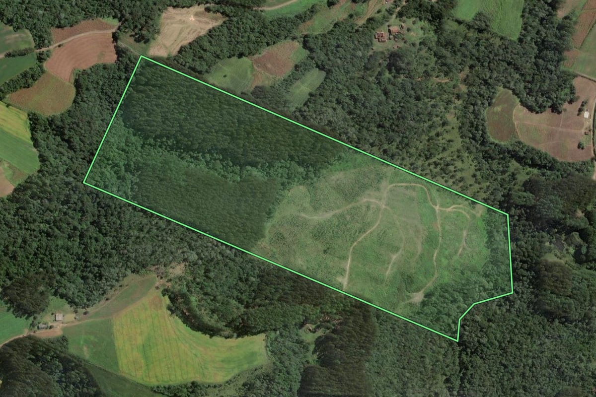 Imagem de satélite do imóvel rural em Santa Terezinha (SC), com o contorno declarado no CAR desenhado por cima.