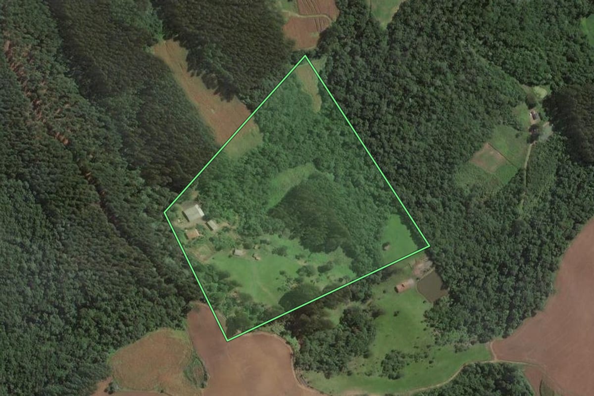 Imagem de satélite do imóvel rural em Santa Terezinha (SC), com o contorno declarado no CAR desenhado por cima.
