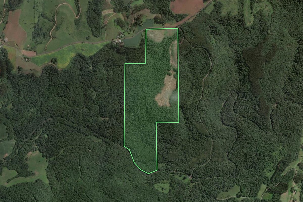 Imagem de satélite do imóvel rural em Santa Terezinha (SC), com o contorno declarado no CAR desenhado por cima.