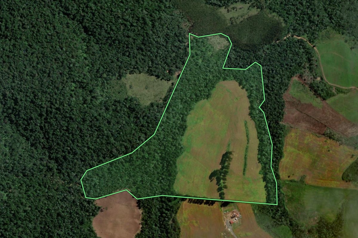 Imagem de satélite do imóvel rural em Santa Terezinha (SC), com o contorno declarado no CAR desenhado por cima.