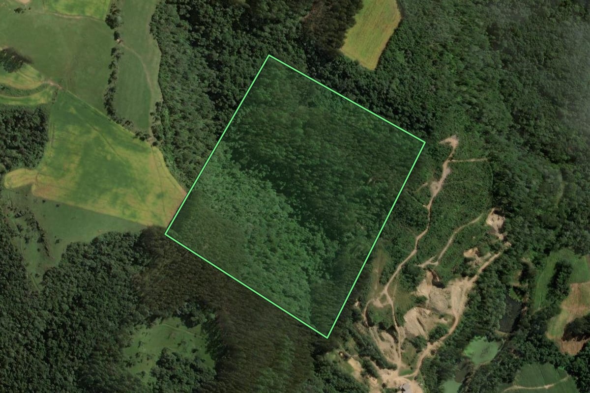 Imagem de satélite do imóvel rural em Santa Terezinha (SC), com o contorno declarado no CAR desenhado por cima.