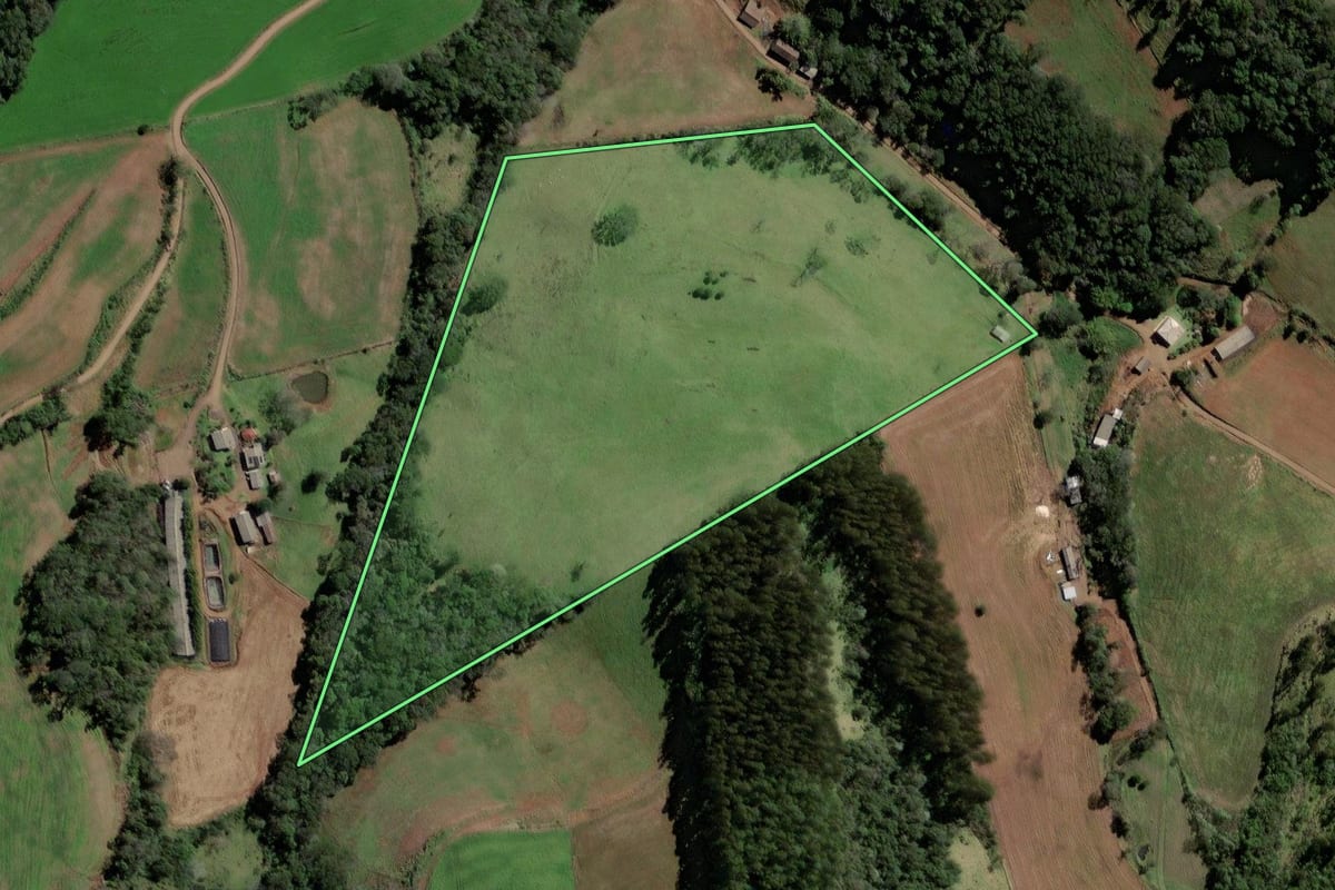 Imagem de satélite do imóvel rural em Santiago do Sul (SC), com o contorno declarado no CAR desenhado por cima.