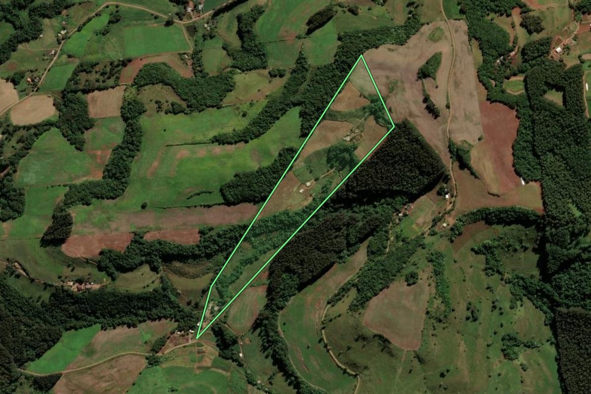 Imagem de satélite do imóvel rural em São Bernardino (SC), com o contorno declarado no CAR desenhado por cima.