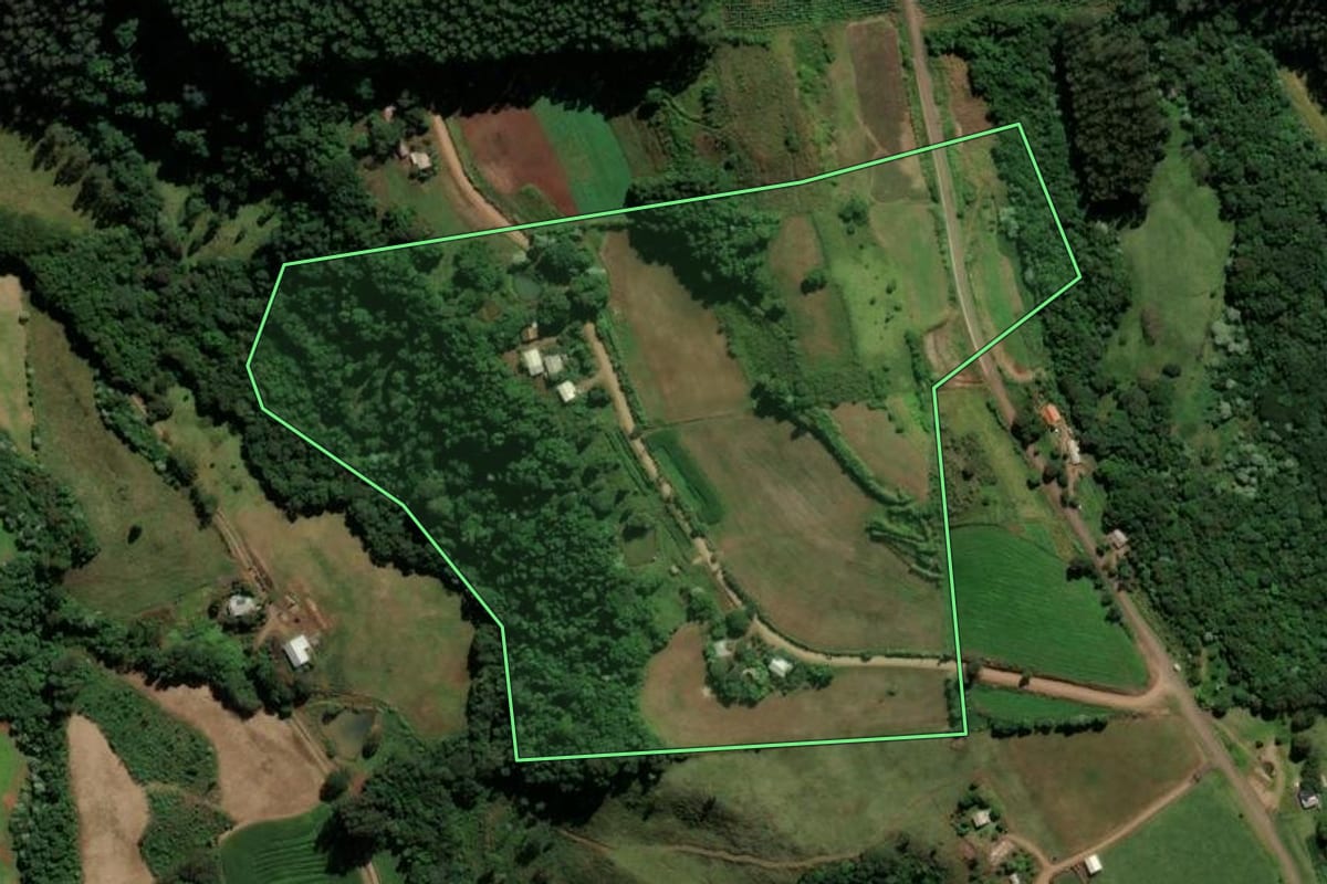 Imagem de satélite do imóvel rural em São Bernardino (SC), com o contorno declarado no CAR desenhado por cima.