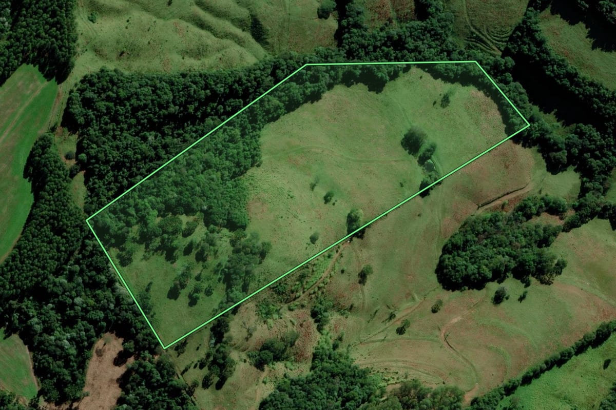 Imagem de satélite do imóvel rural em São Bernardino (SC), com o contorno declarado no CAR desenhado por cima.
