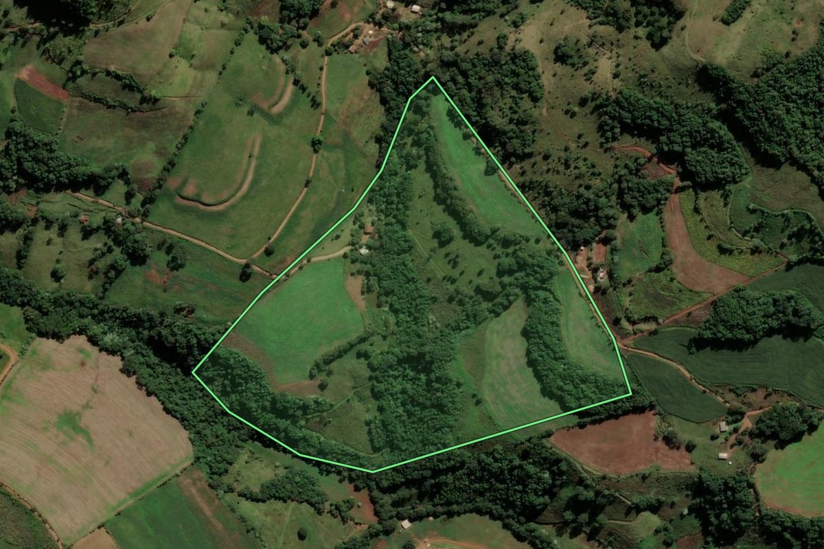 Imagem de satélite do imóvel rural em São Bernardino (SC), com o contorno declarado no CAR desenhado por cima.