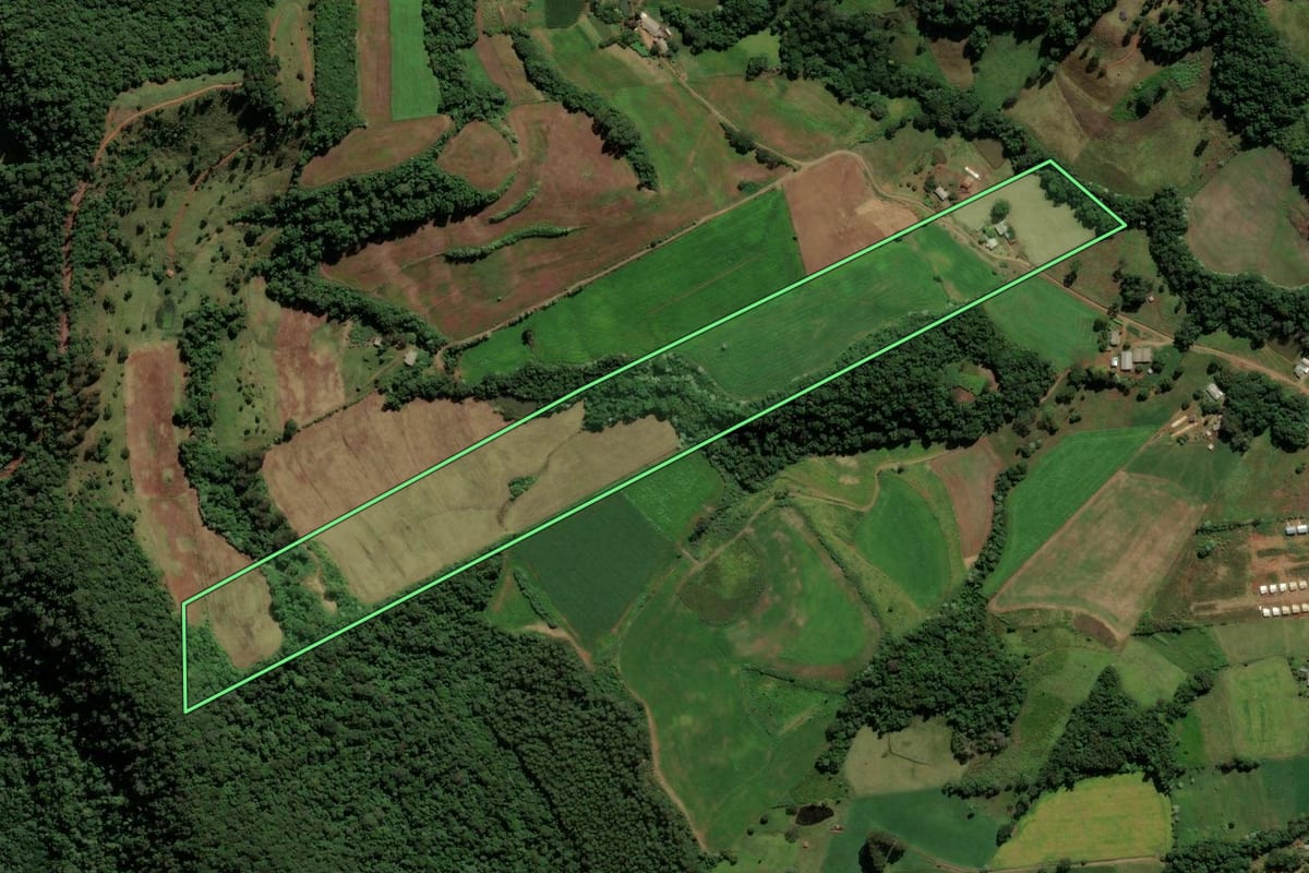 Imagem de satélite do imóvel rural em São Bernardino (SC), com o contorno declarado no CAR desenhado por cima.