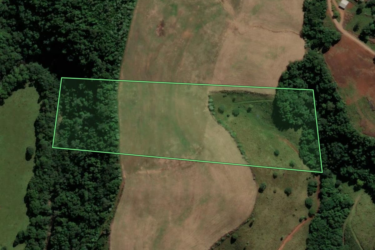 Imagem de satélite do imóvel rural em São Bernardino (SC), com o contorno declarado no CAR desenhado por cima.