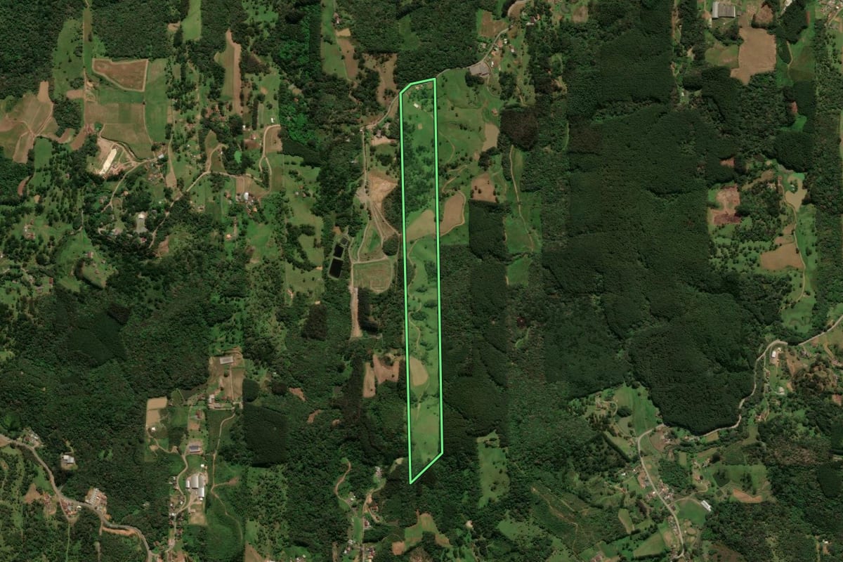 Imagem de satélite do imóvel rural em São Bento do Sul (SC), com o contorno declarado no CAR desenhado por cima.
