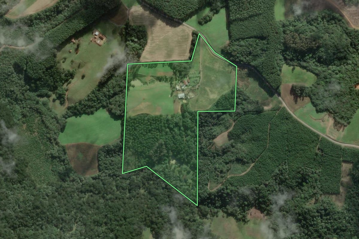Imagem de satélite do imóvel rural em São Bento do Sul (SC), com o contorno declarado no CAR desenhado por cima.