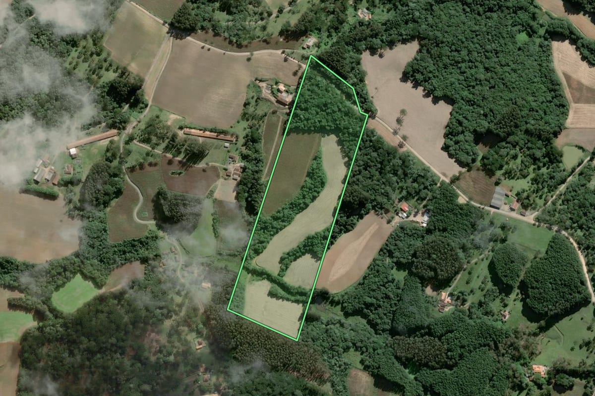 Imagem de satélite do imóvel rural em São Bento do Sul (SC), com o contorno declarado no CAR desenhado por cima.