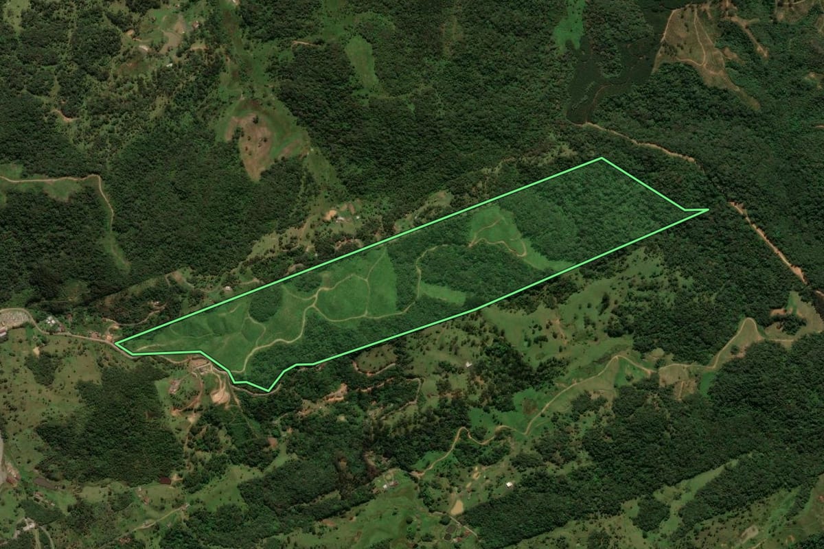 Imagem de satélite do imóvel rural em São Bento do Sul (SC), com o contorno declarado no CAR desenhado por cima.