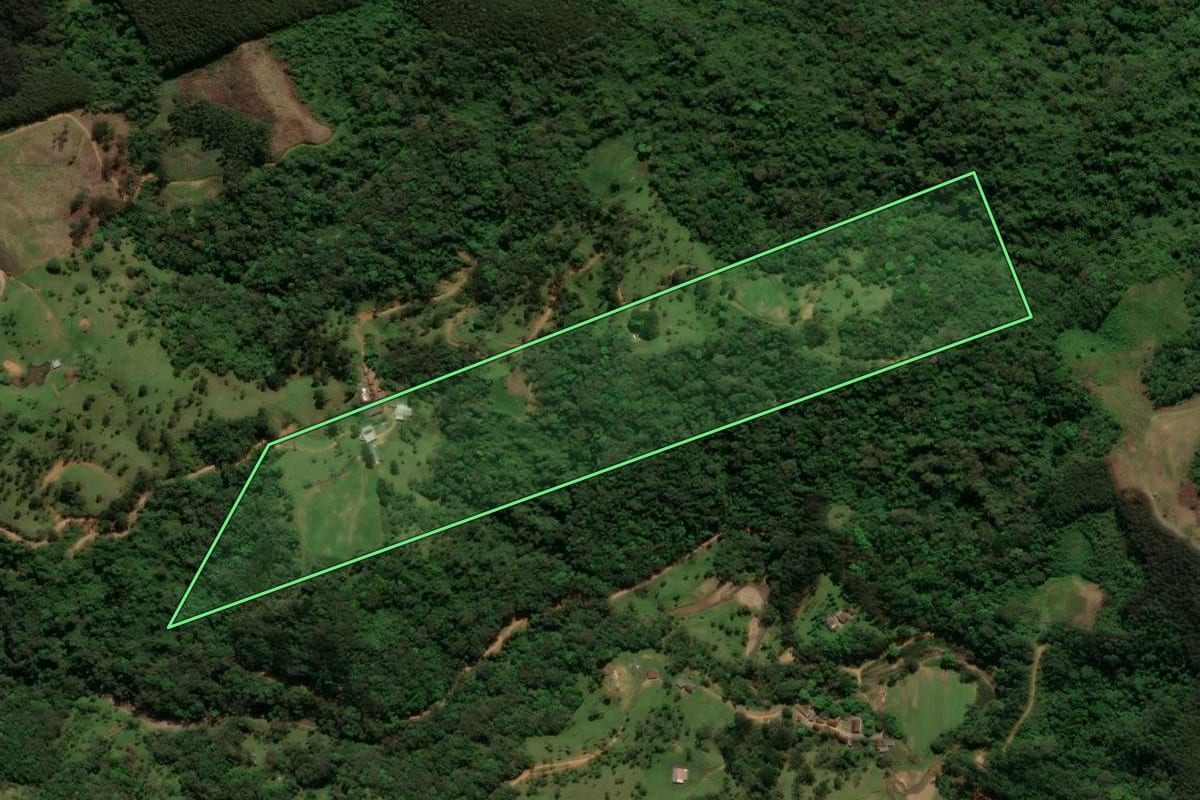 Imagem de satélite do imóvel rural em São Bento do Sul (SC), com o contorno declarado no CAR desenhado por cima.